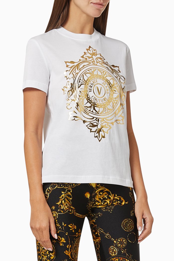 

V-emblem Leaf Print T-shirt in Cotton, White