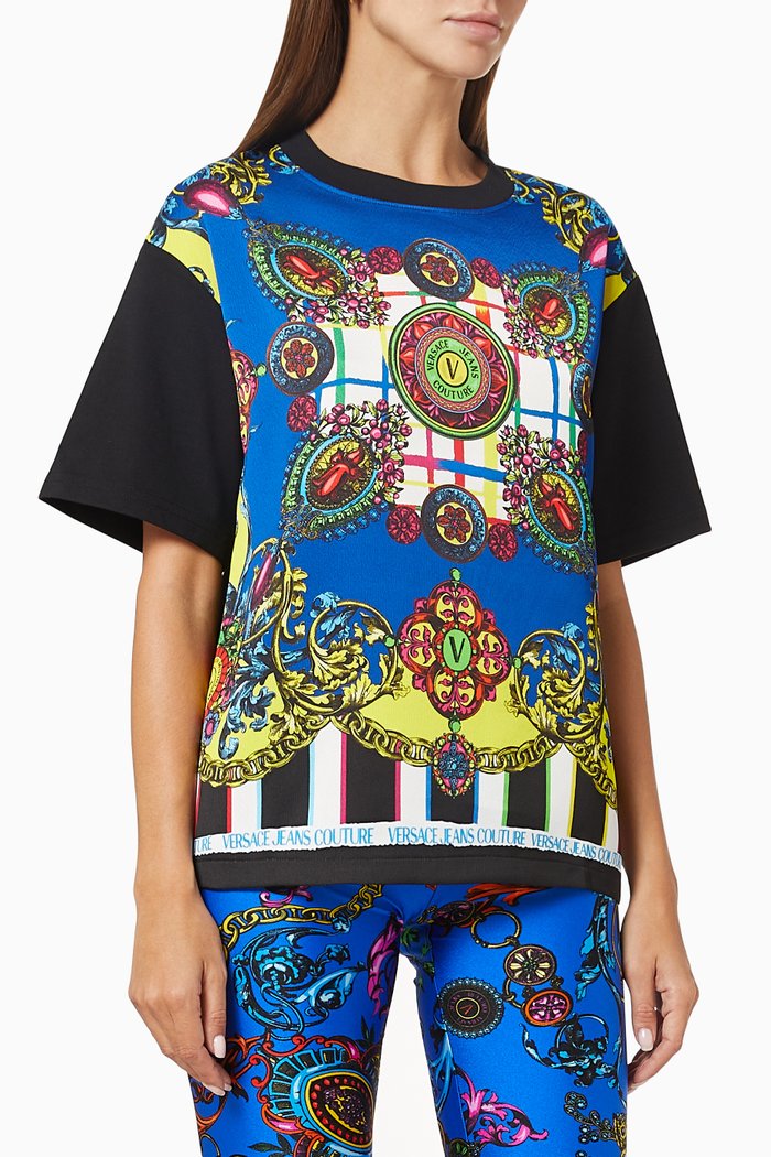 

Colourful Baroque Ornaments Print T-shirt in Cotton, Blue