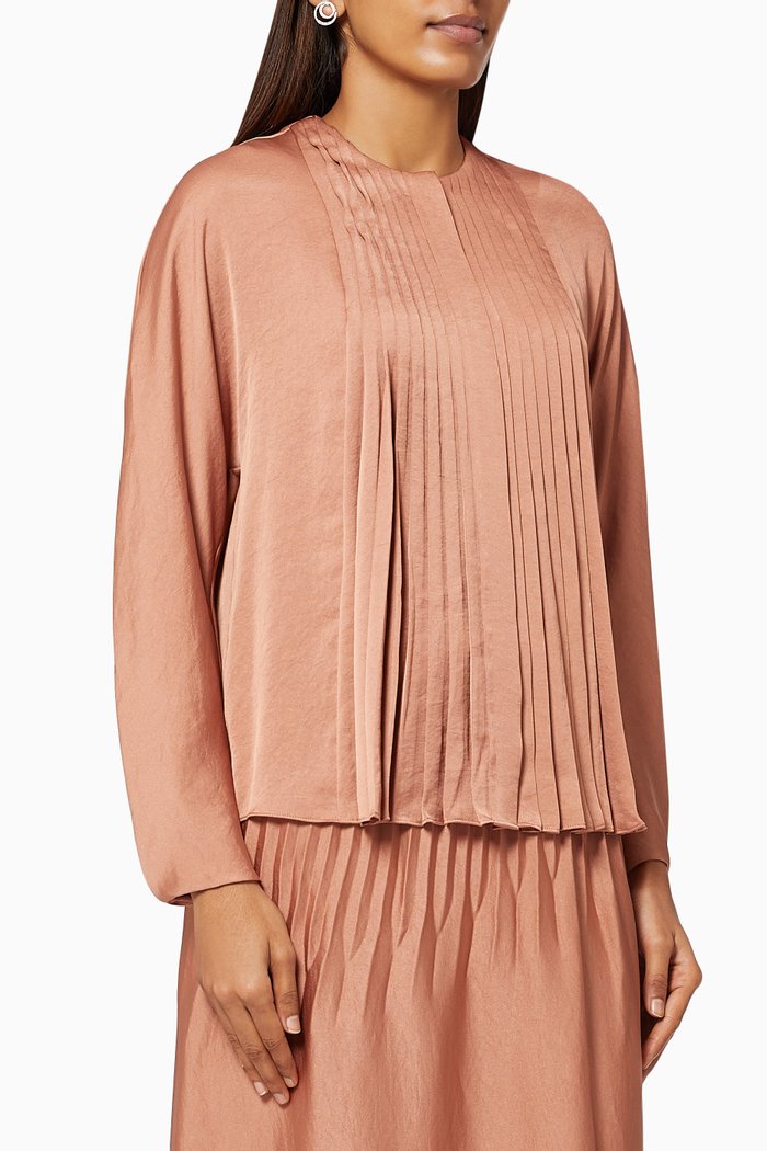 

Pleated Paneled Blouse in Satin, Brown