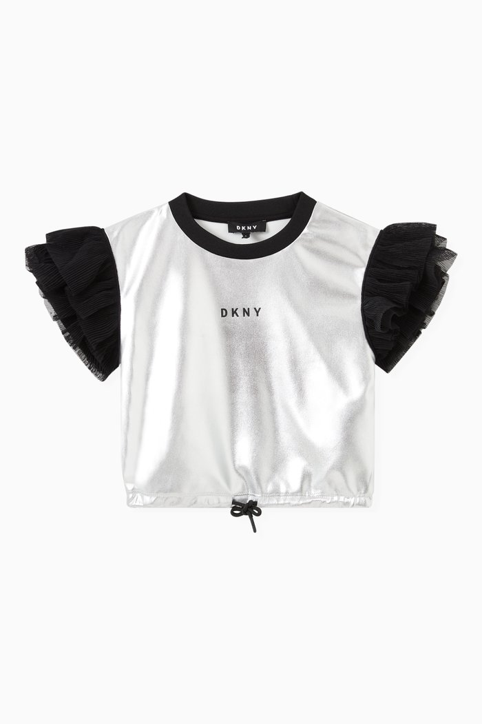 

DKNY Logo Top in Metallic PU & Tulle, Silver