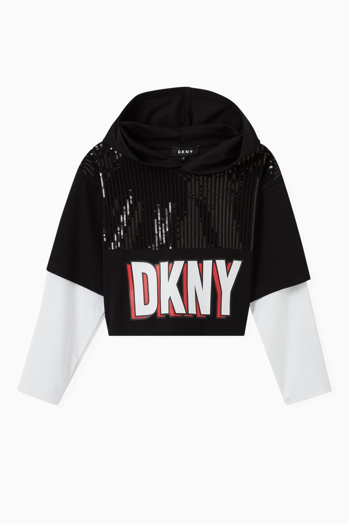 

DKNY Sequin Embellished Hooded T-shirt in Jersey, Black
