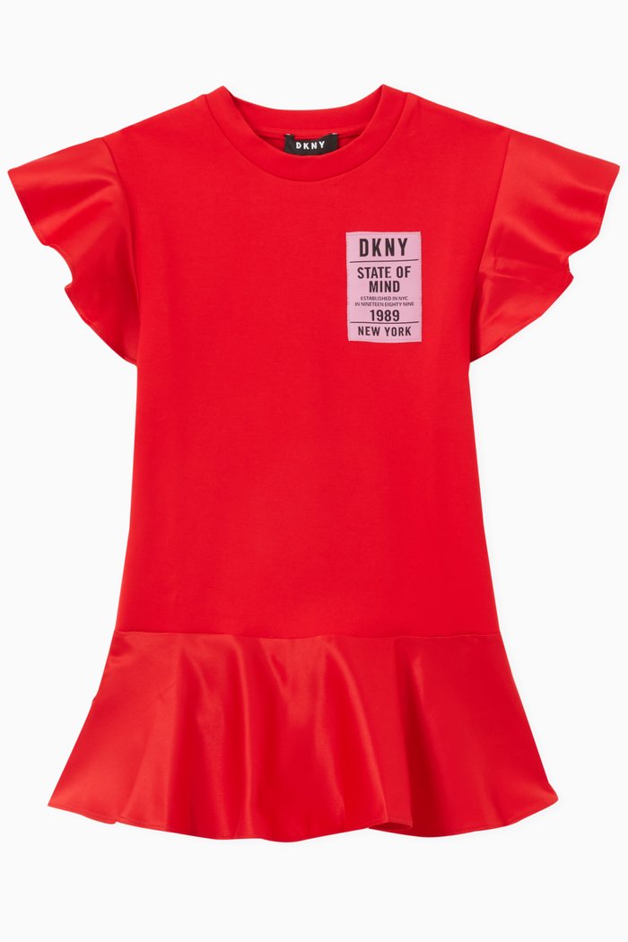 

Logo Ruffle Dress in Jersey & Satin, Red