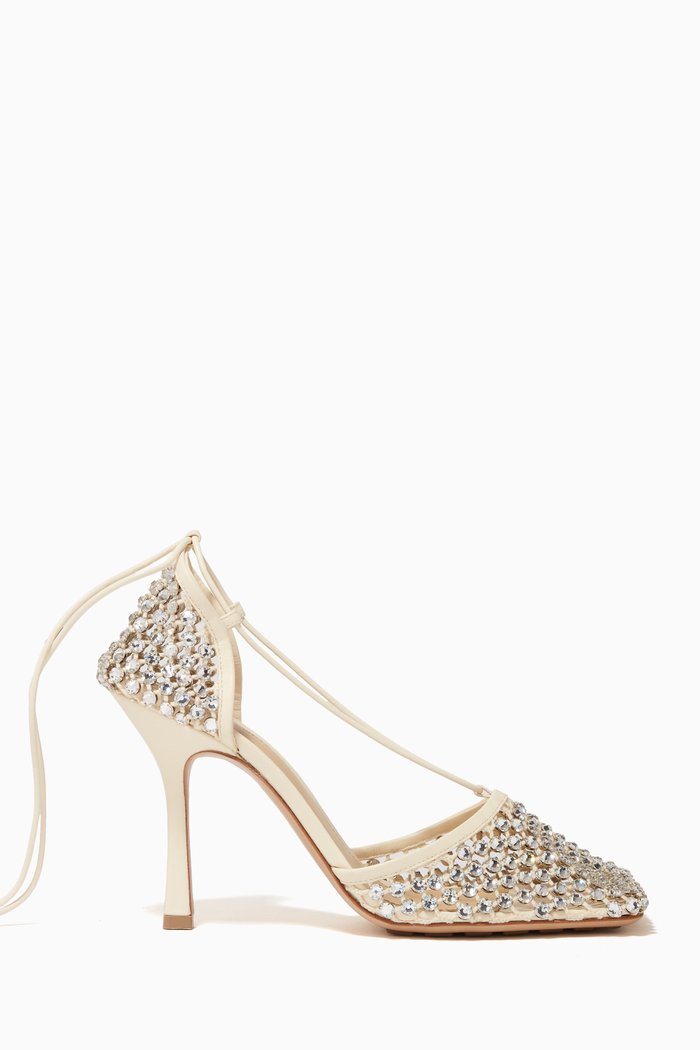 

Sparkle Stretch Sandals in Leather & Mesh, White