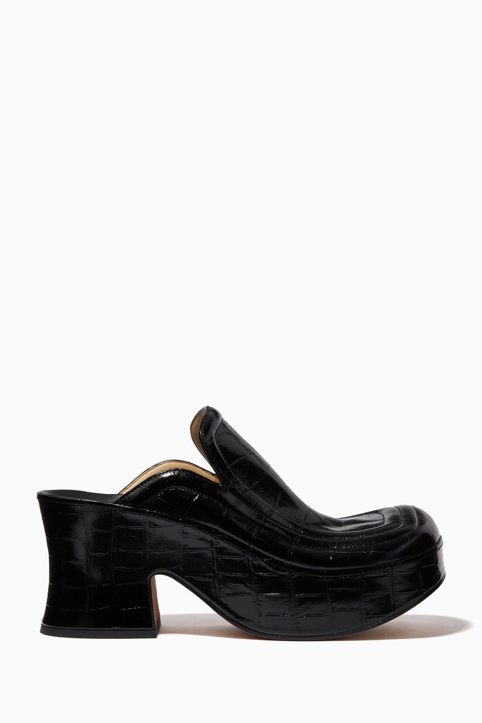 

Wedge Clogs in Embossed Leather, Black