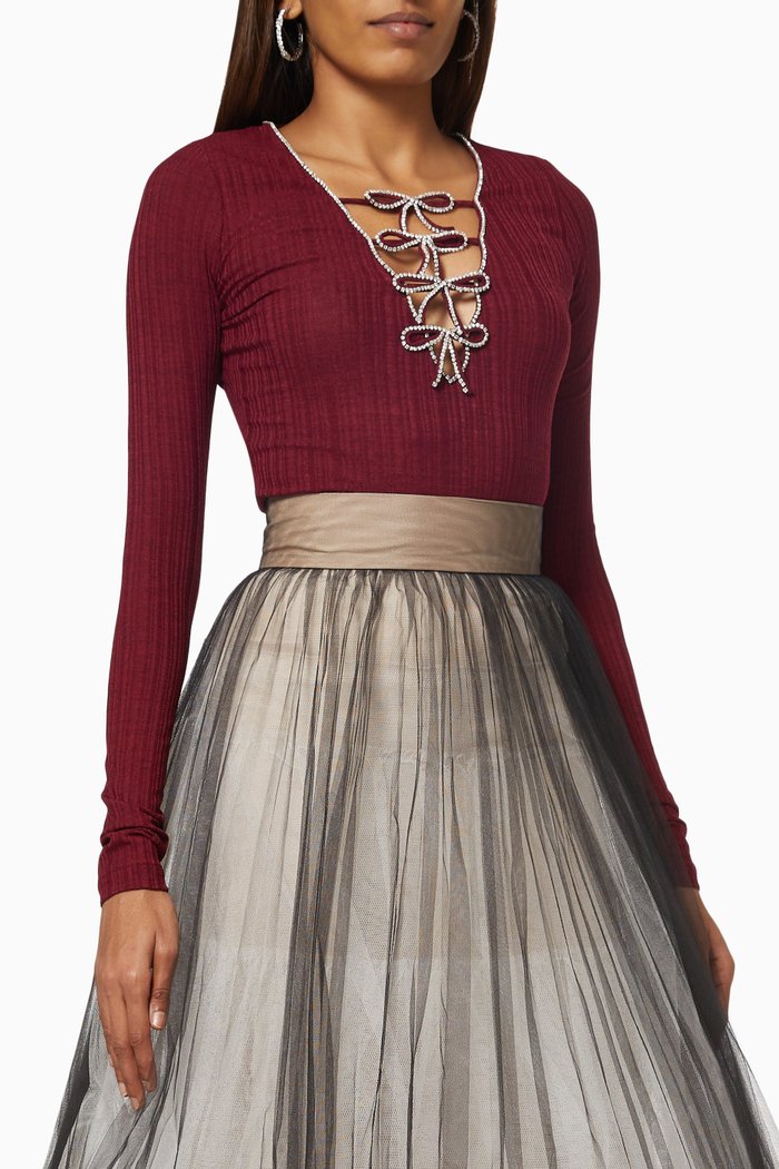 

Crystal Embroidered Bodysuit in Stretch Viscose, Burgundy