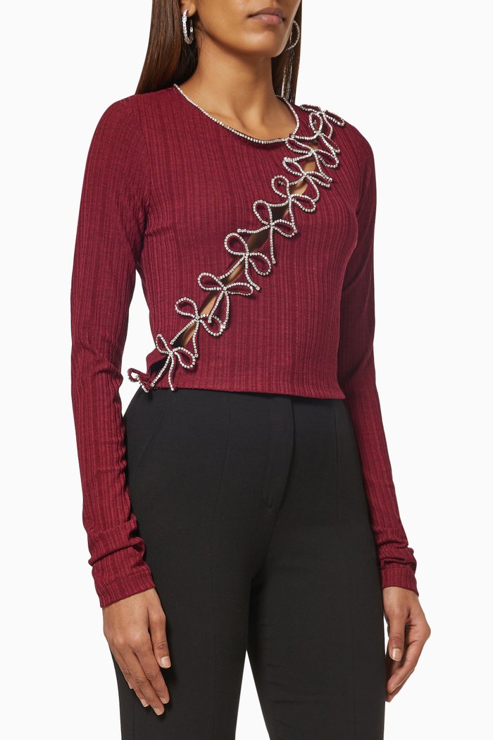 

Crystal Bows Cut-out Blouse in Jersey, Burgundy