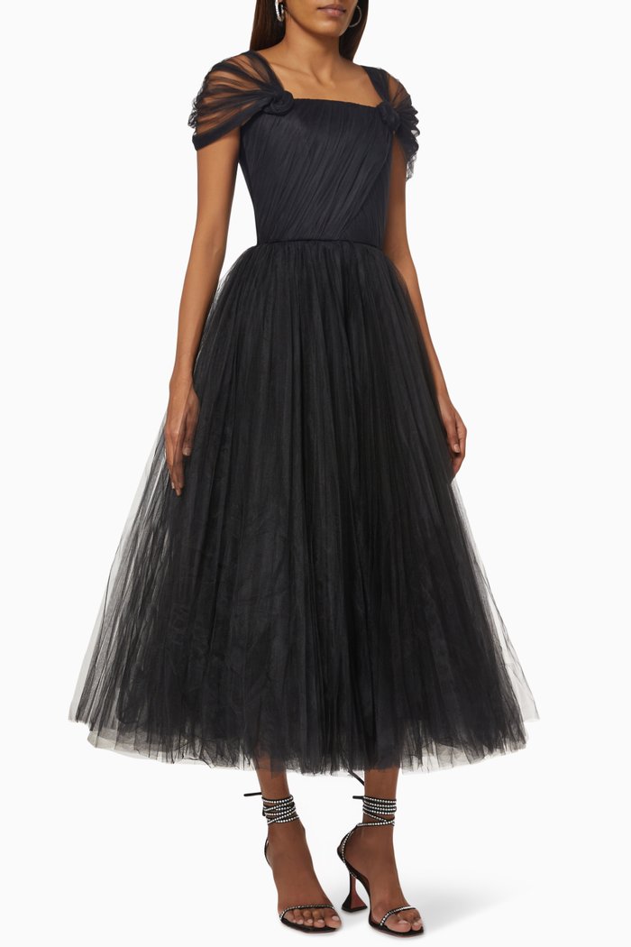 

Pleated Corset Dress in Tulle, Black