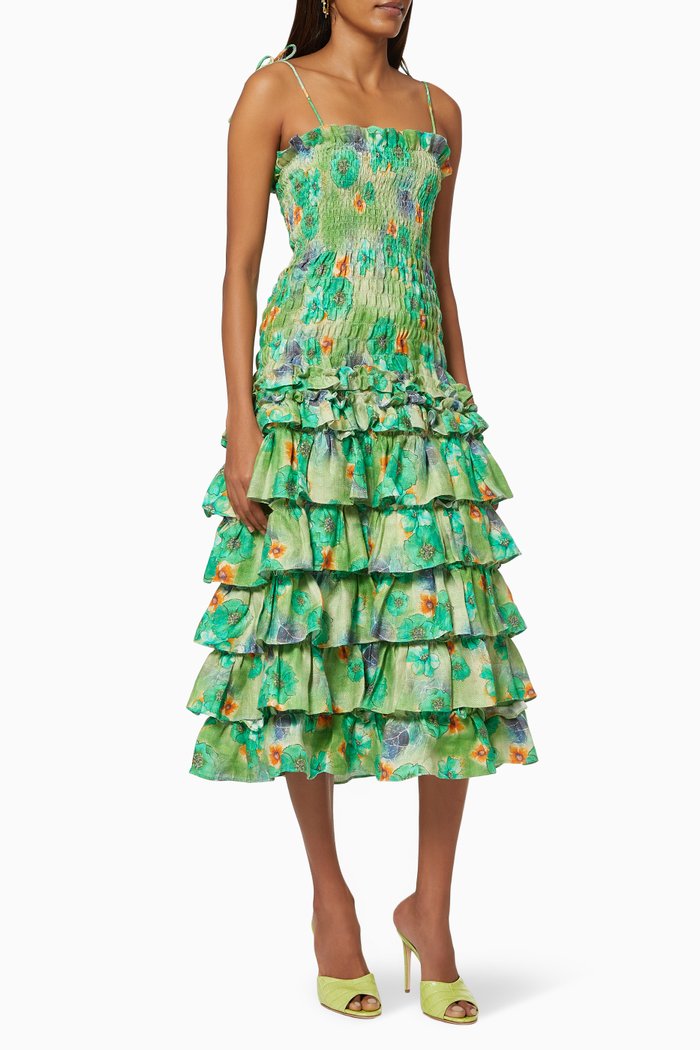 

Ruffle Shirred Dress in Linen, Green