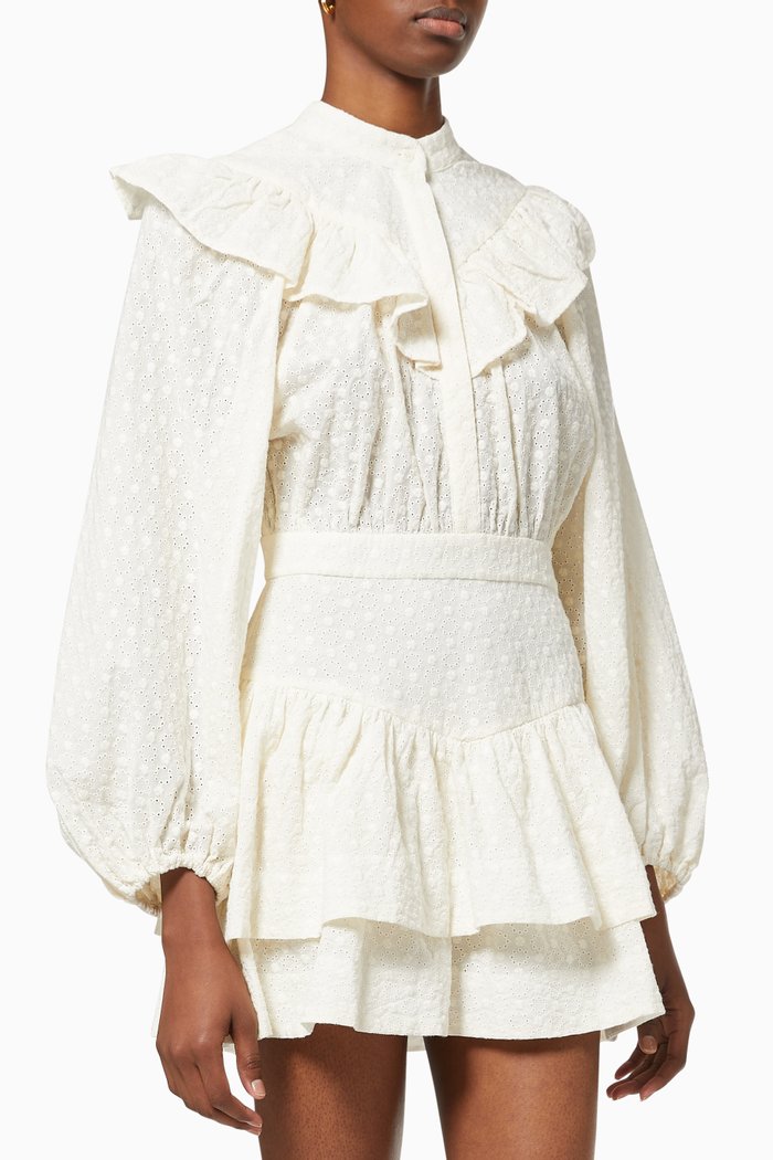 

Magnolia Frill Mini Dress in Cotton Broderie Anglaise, Neutral