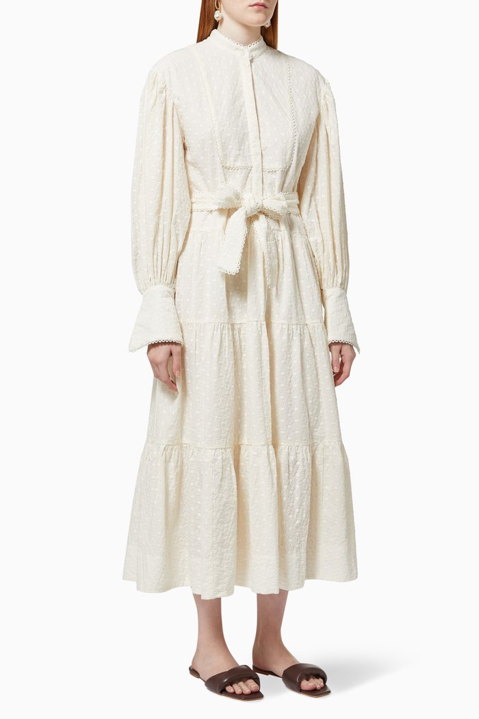 

Magnolia Tiered Midi Dress in Cotton Broderie Anglaise, Neutral