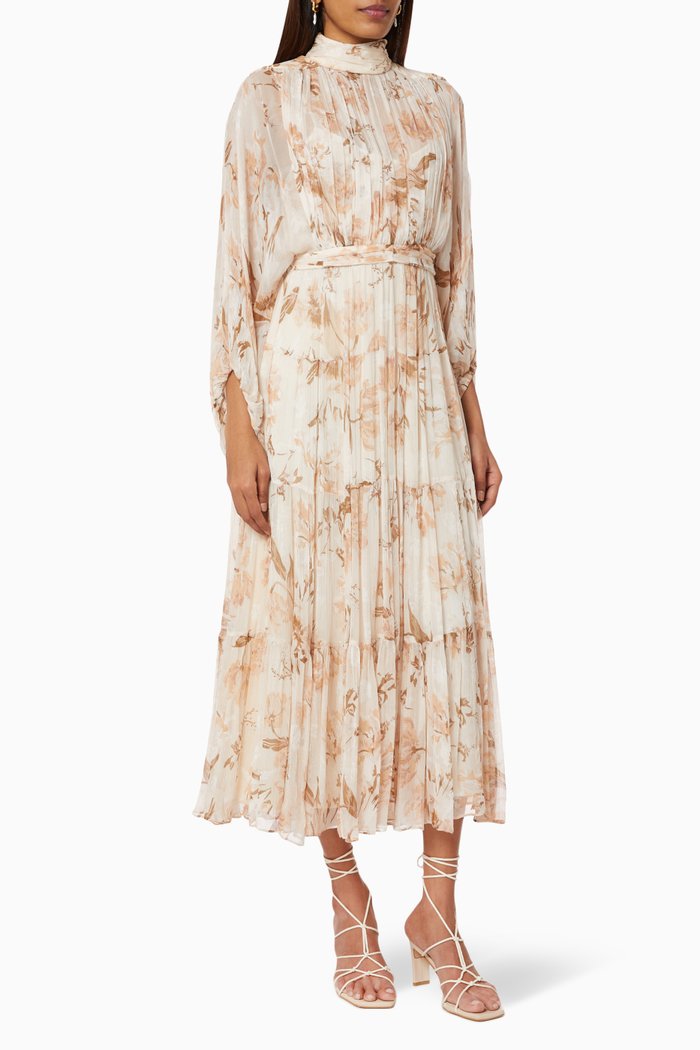 

Nina Backless Tiered Midi Dress in Chiffon, Neutral