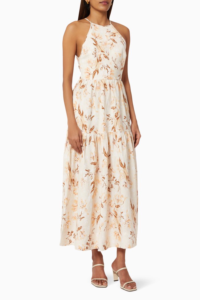 

Roxane Tiered Midi Dress in Linen Blend, Neutral
