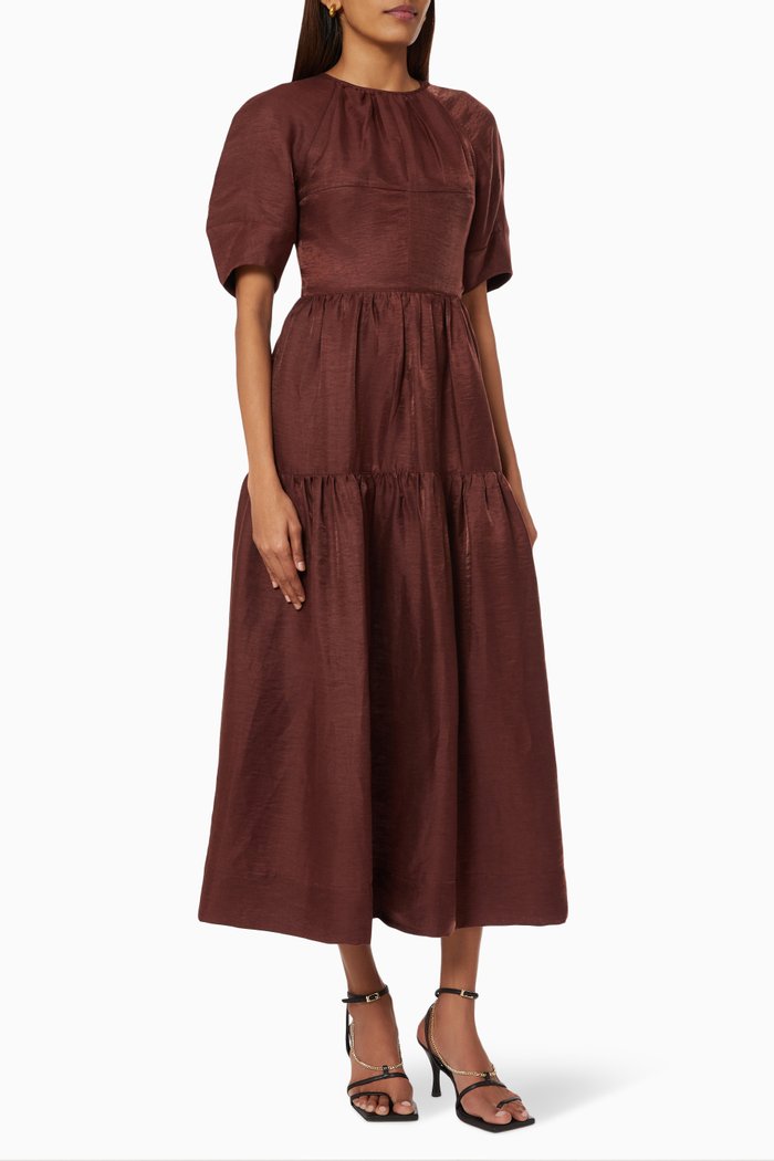 

Marlene Open Back Midi Dress in Linen Blend, Brown