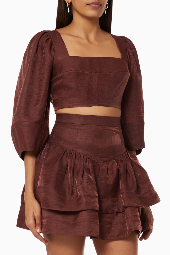 

Marlene Open Back Crop Top in Linen Blend, Brown
