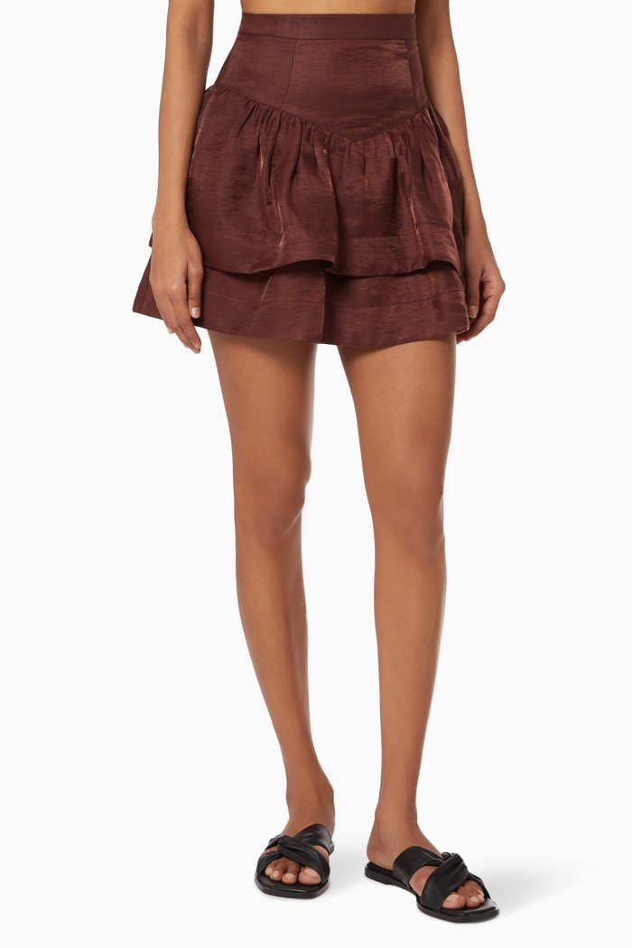 

Marlene Frill Mini Skirt in Linen Blend, Brown