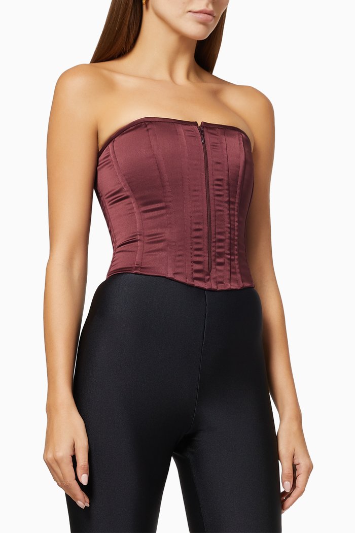 

Hana Bustier Crop Top in Satin, Burgundy