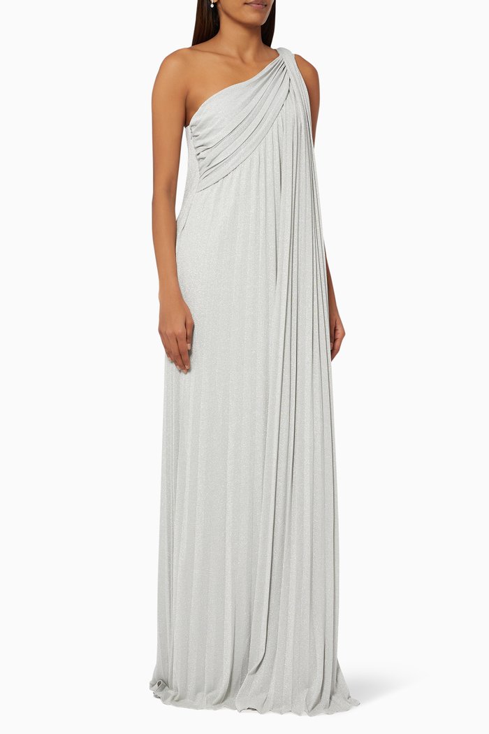 

Priya Pleated Gown in Shimmery Knit, Silver