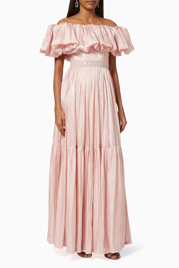 

Off-shoulder Tiered Dress with Sequin Embroidery, Pink