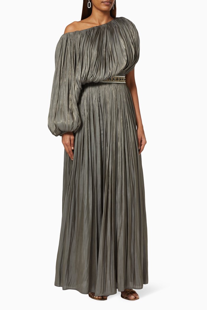 

Pleated Dress with Royal Jewel Belt, Grey