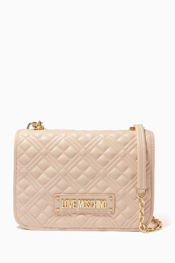 

Quilted Shoulder Bag with Logo in Faux Leather, Neutral