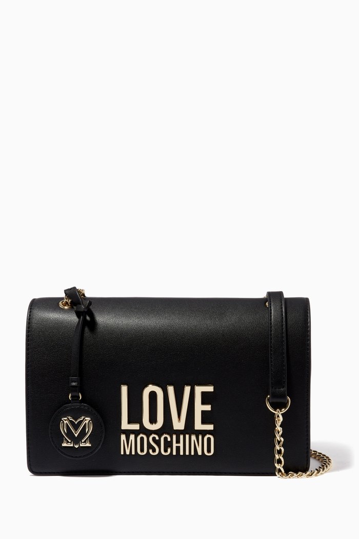 

Metal Logo Shoulder Bag in Faux Leather, Black