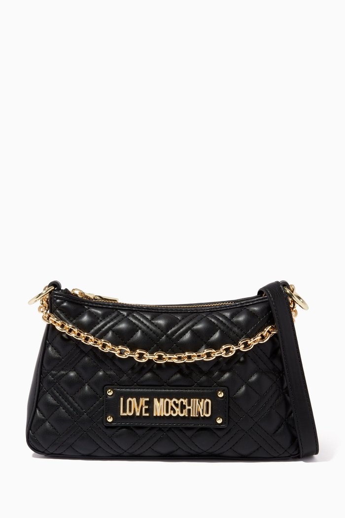 

Shiny Quilted Hobo Bag in Faux Leather, Black