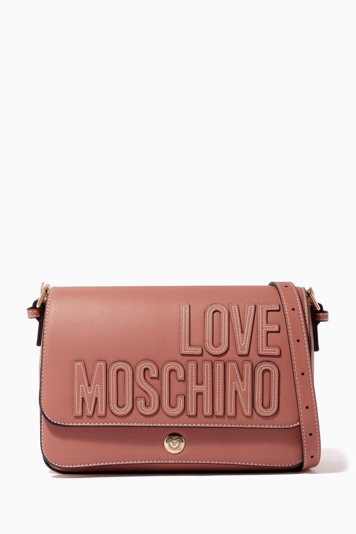 

Embroidery Logo Shoulder Bag in Faux Leather, Pink