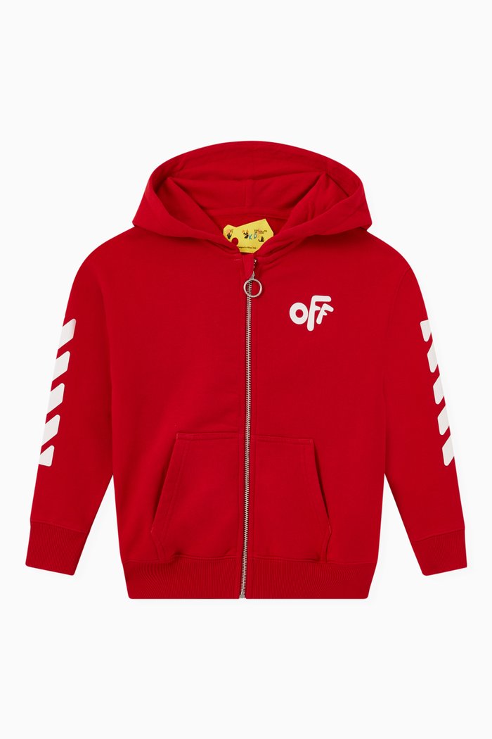 Rounded Logo Zip Hoodie in Cotton Jersey, Red