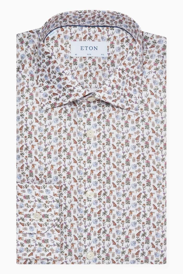 

Fauna Print Slim Fit Shirt in Cotton Twill, Multicolour