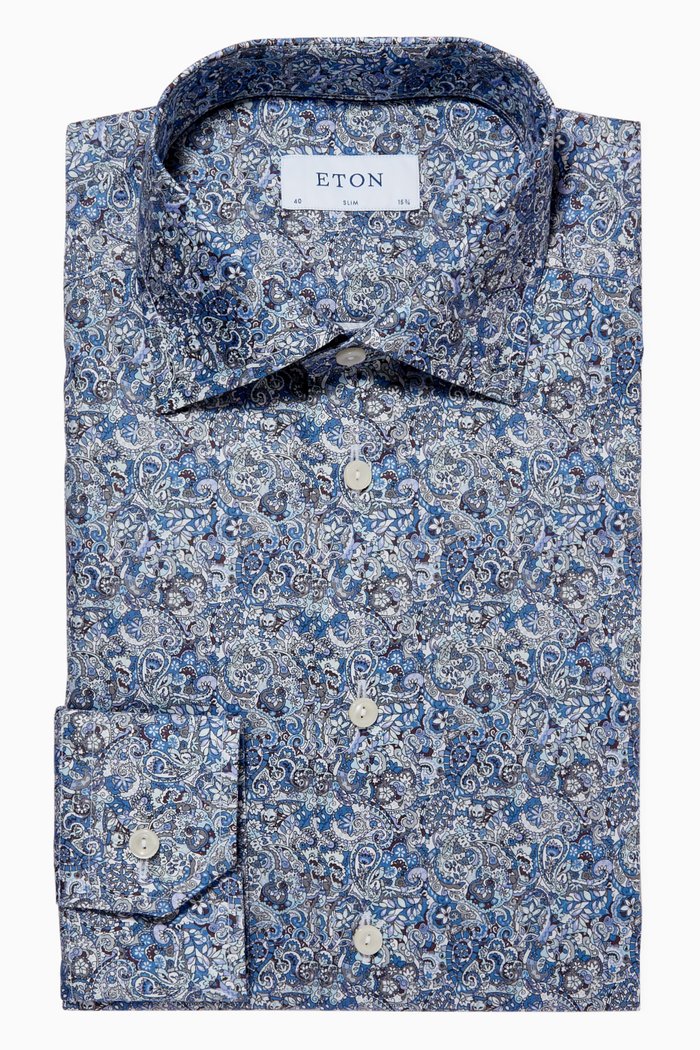 

Scandinavian Paisley Print Slim Fit Shirt in Cotton Poplin, Purple