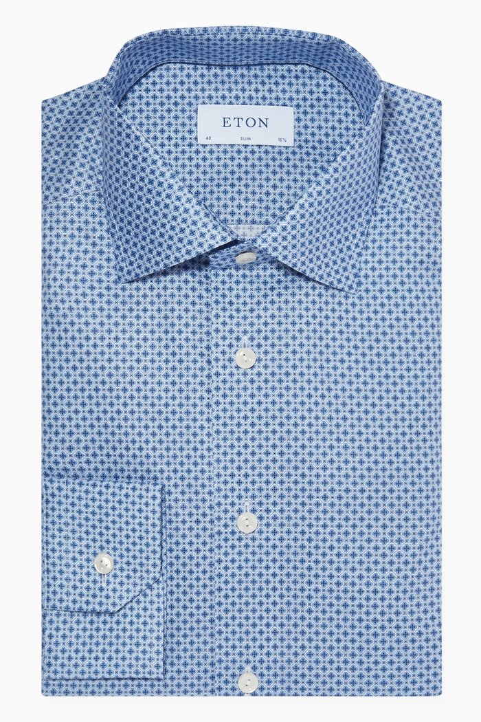 

Geometric Print Slim Fit Shirt in Fine Cotton Twill, Blue