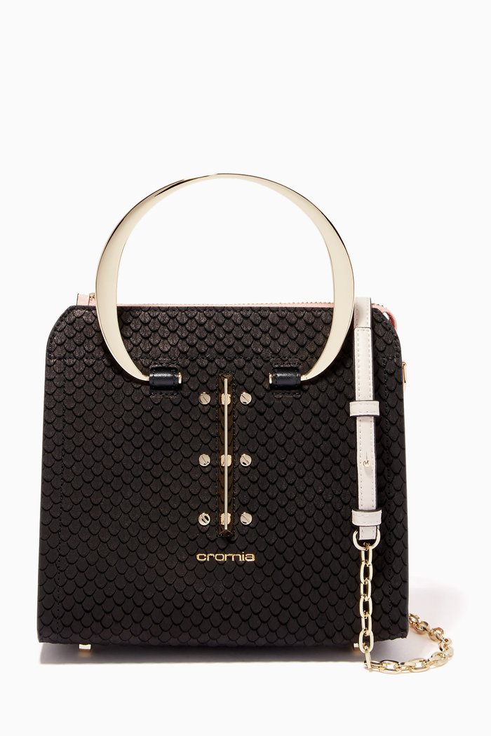 

Small Uptown Handbag in Python-print Calfskin, Black