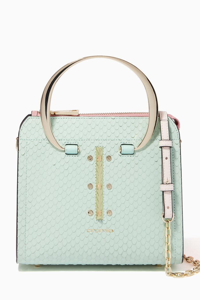 

Small Uptown Handbag in Python-print Calfskin, Blue