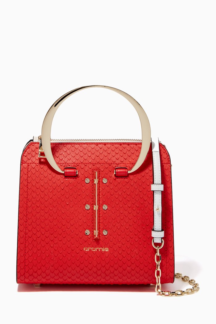 Small Uptown Handbag in Python-print Calfskin, Red