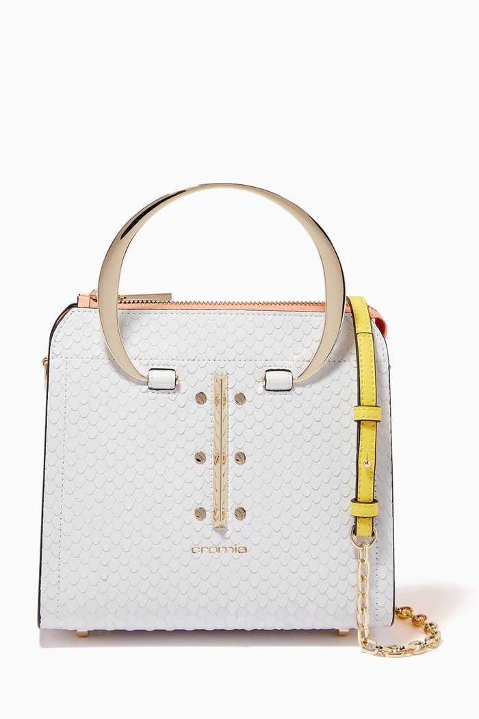 

Small Uptown Handbag in Python-print Calfskin, White
