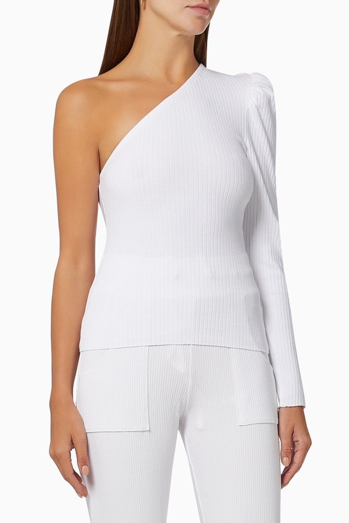 

Puff Shoulder Top in Rib-knit, White
