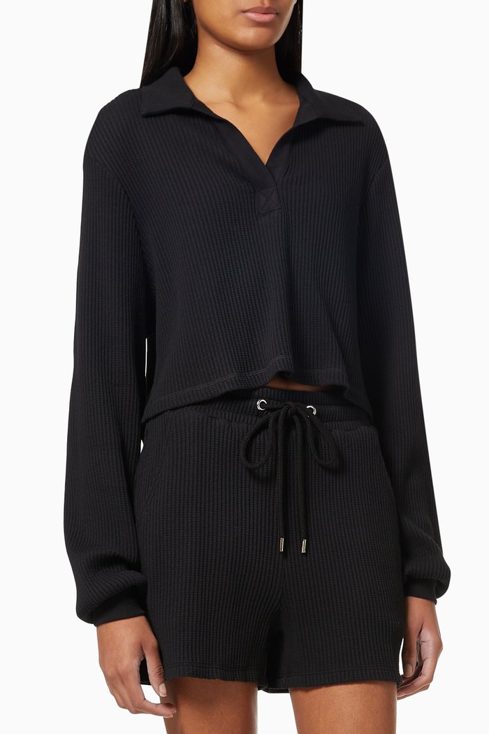 Stark Cropped Polo Top in Waffle Knit, Black