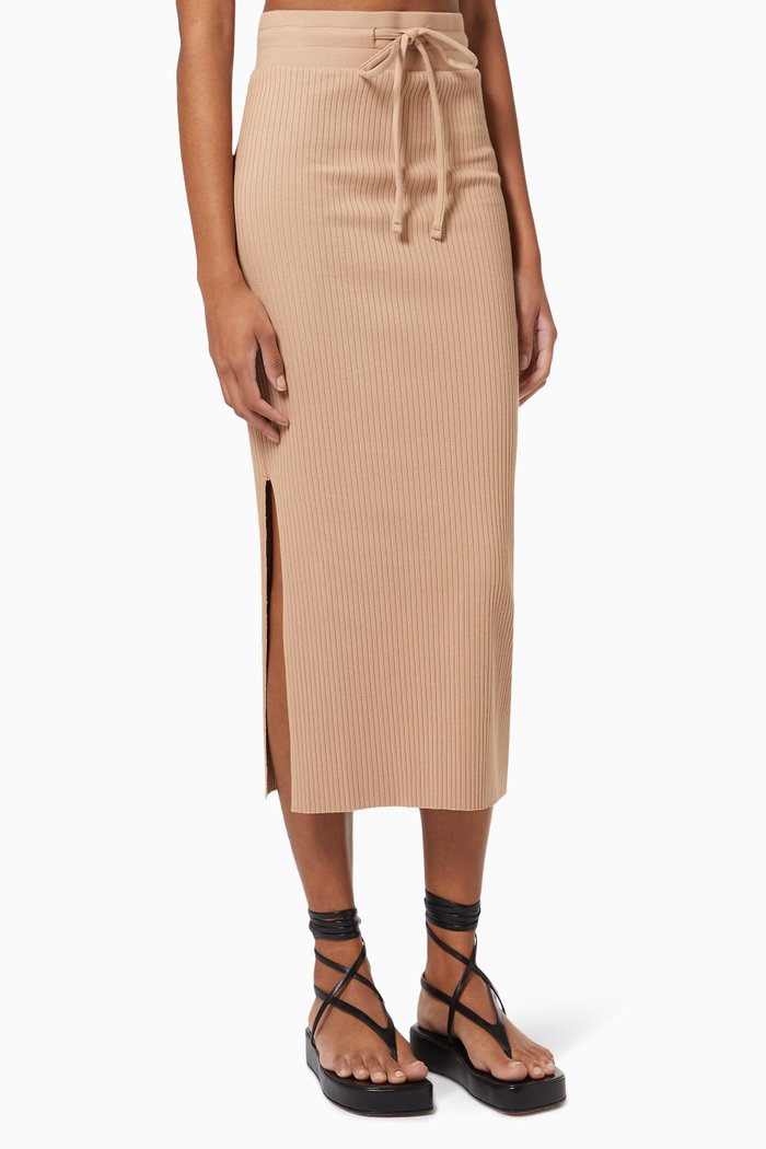 Drawstring Midi Skirt in Rib-knit, Neutral