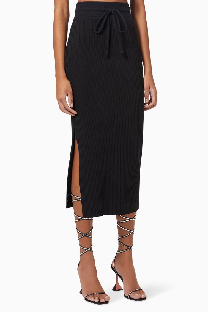Drawstring Midi Skirt in Rib-knit, Black
