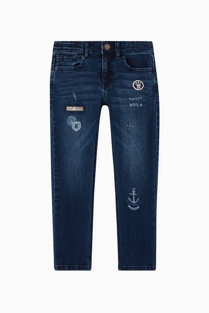

Slim Jeans with Patches in Cotton, Blue