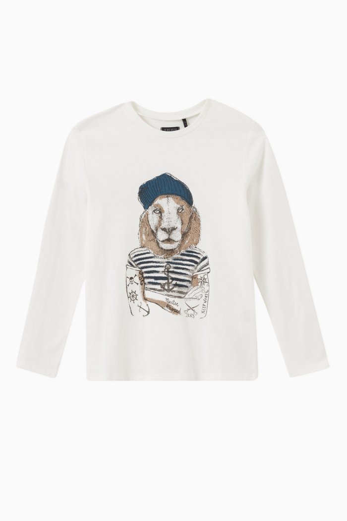 

Lion in Sailor Top Drawing T-shirt in Cotton, Neutral