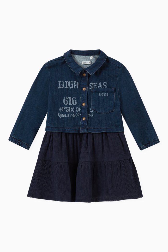 

Denim Mixed-fabric Dress, Blue