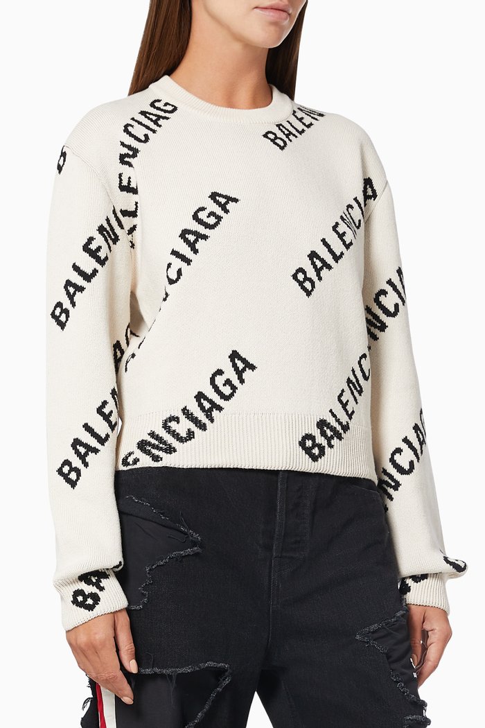 

Allover Logo Crewneck in Jacquard Cotton Wool Blend Knit, White