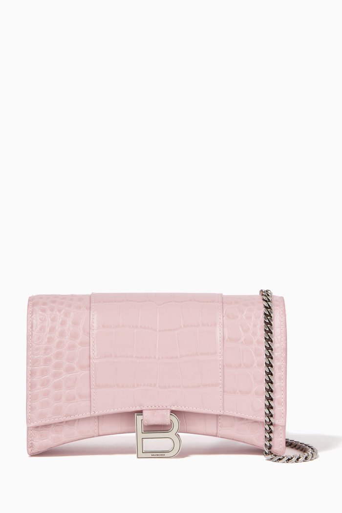 Hourglass Wallet on Chain in Crocodile Embossed Calfskin, Pink