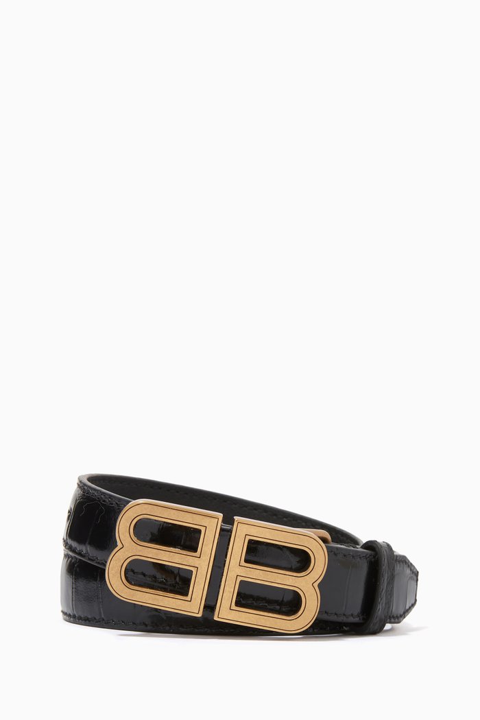 

BB Hourglass Thin Belt in Crocodile Embossed Calfskin, Black