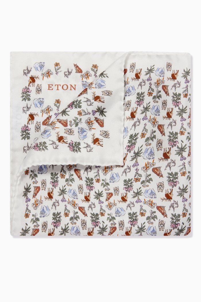 

Flora & Fauna Print Pocket Square in Silk, White