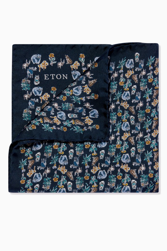 

Flora & Fauna Print Pocket Square in Silk, Blue