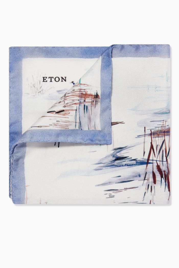 Crane Print Pocket Square in Silk, Blue
