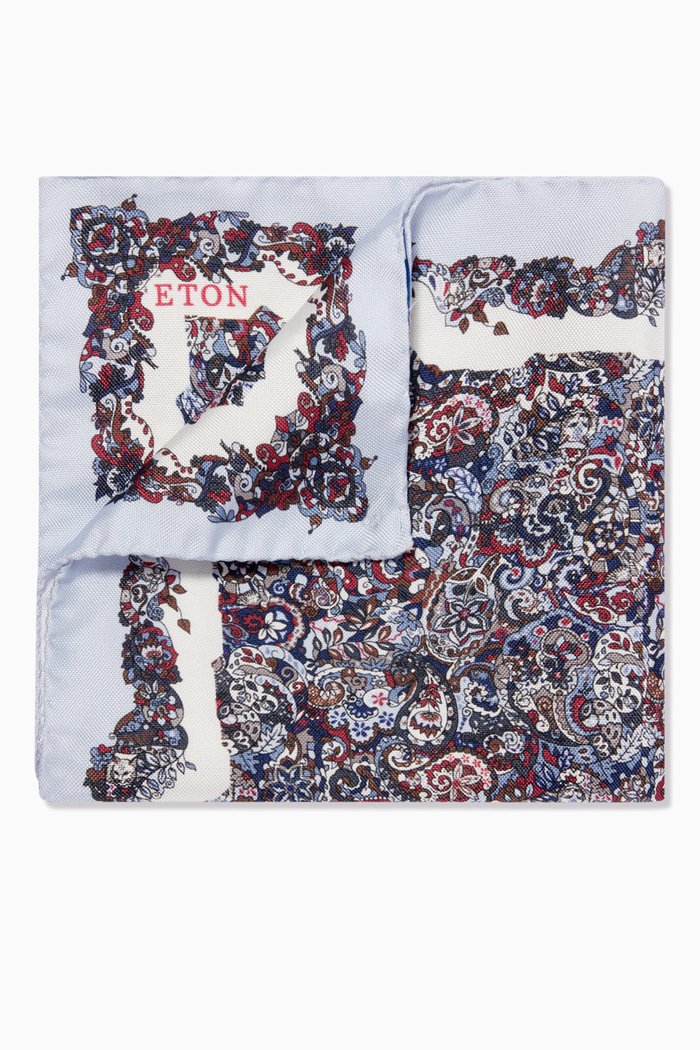 

Scandinavian Paisley Print Pocket Square in Silk, Blue