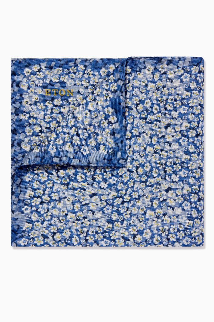 

Floral Print Pocket Square in Silk, Blue